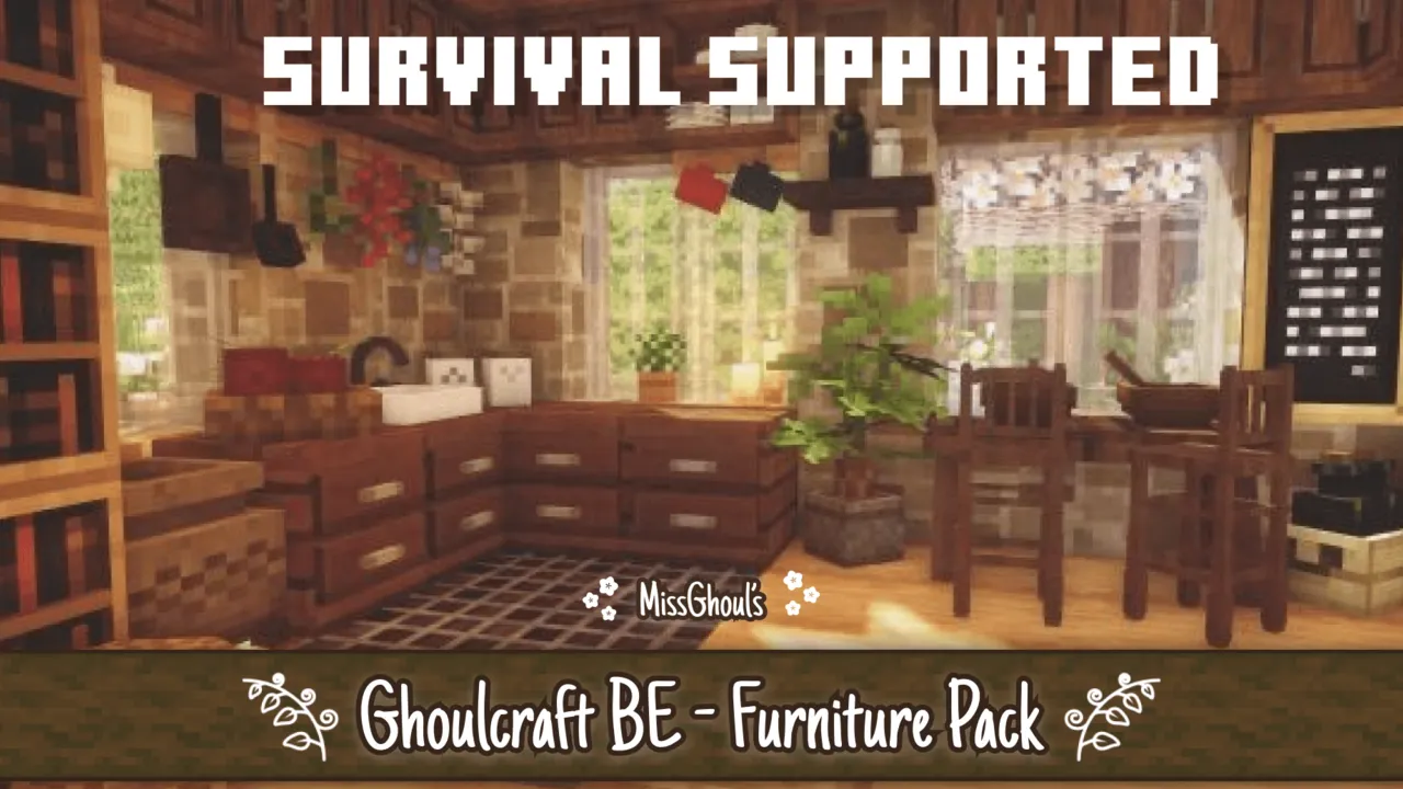 BE Ghoulcraft - Furniture Pack addon for Minecraft PE: Wooden furniture in a cozy room