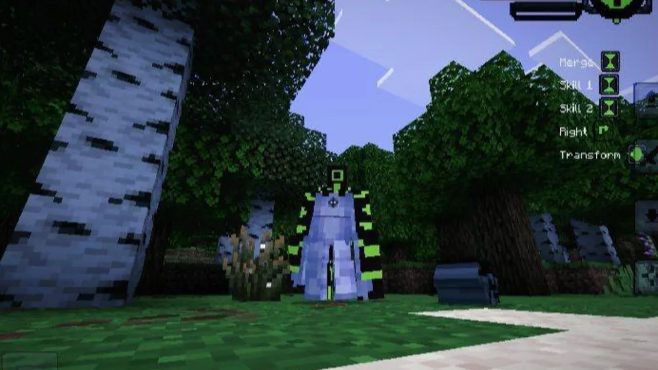 Ben 10 Ultimate addon: Alien standing in forest with Omnitrix UI