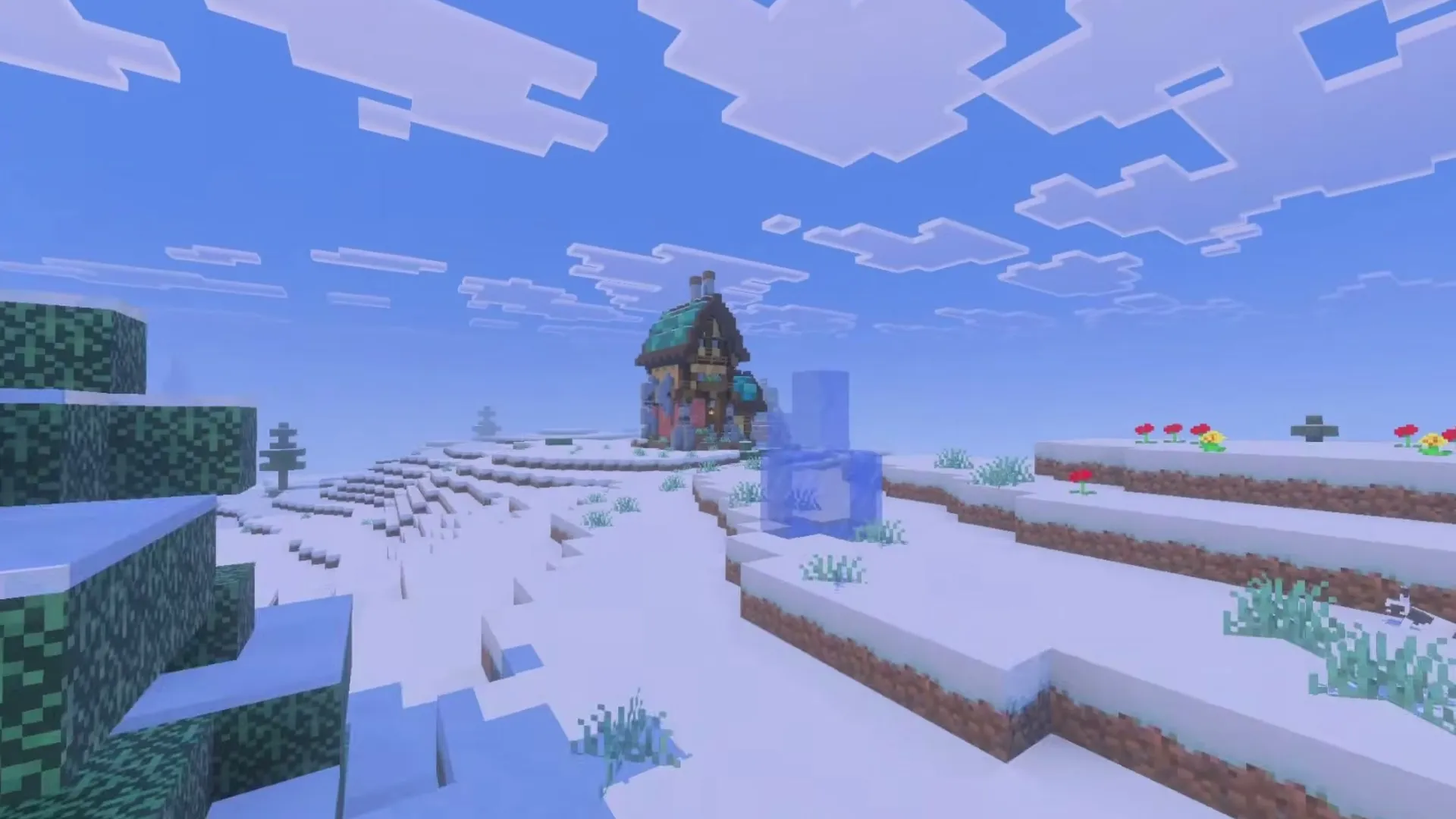Bloomrock addon for Minecraft PE: Snowy landscape with house and waterfall