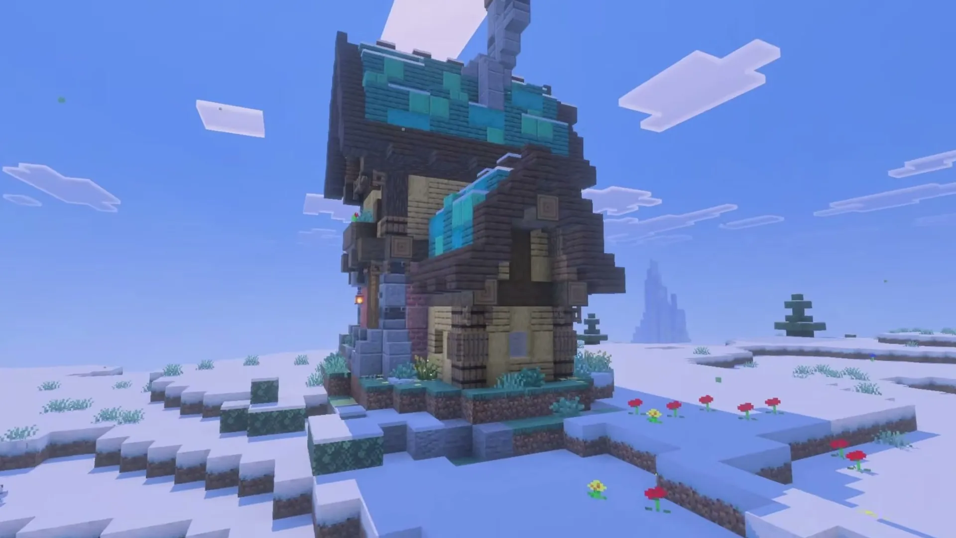 Bloomrock addon: Windmill in snowy landscape with flowers