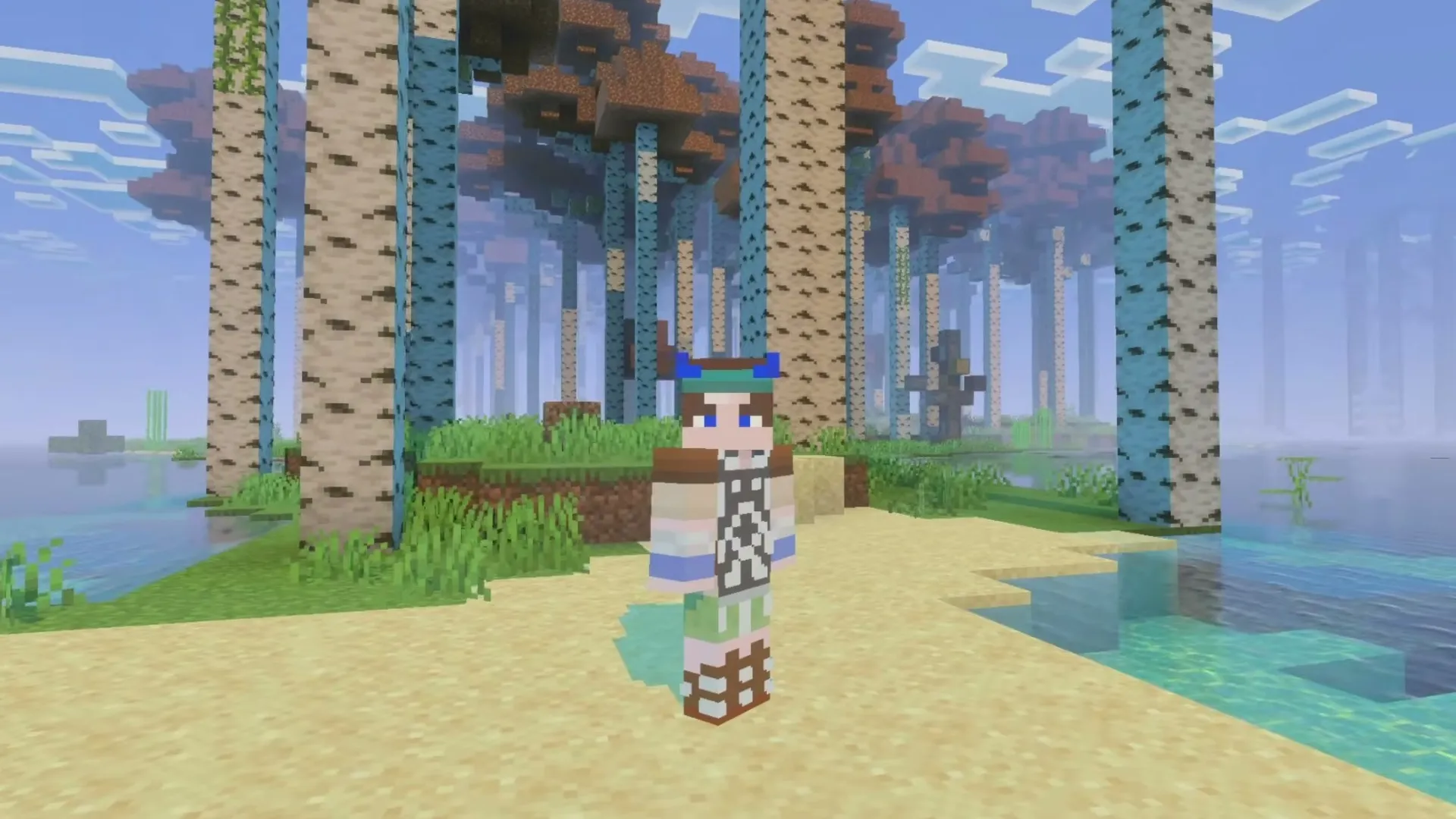 Bloomrock addon: Player standing on beach near tall trees
