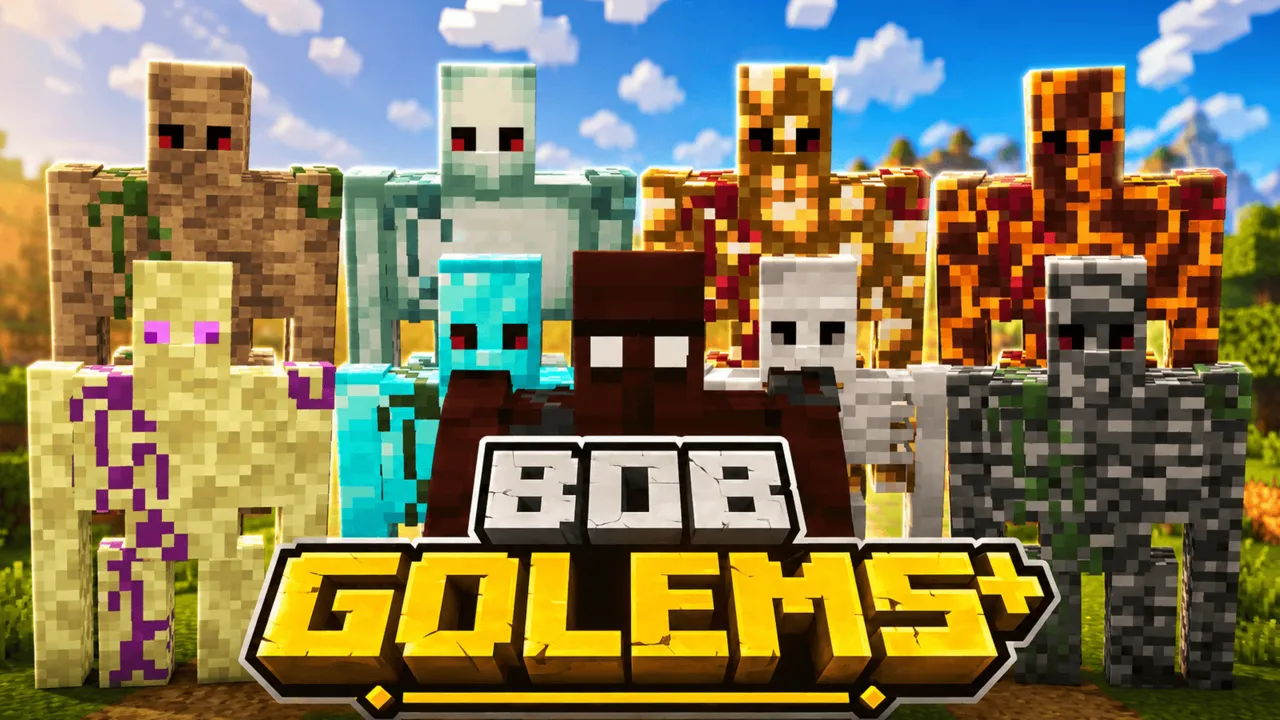 Bob Golems+ addon for Minecraft PE: Golems standing in a sunny field