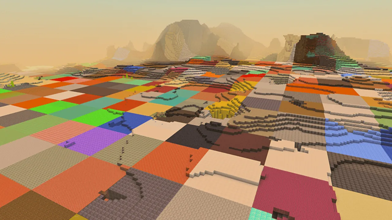 Chunks are Random addon for Minecraft PE: Colorful patchwork squares of land under hazy sky