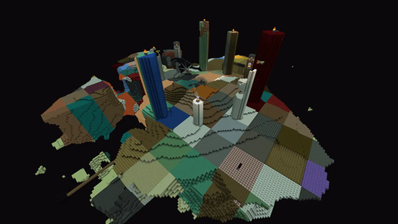 Chunks are Random addon: Floating island of mixed colored land with tall pillars