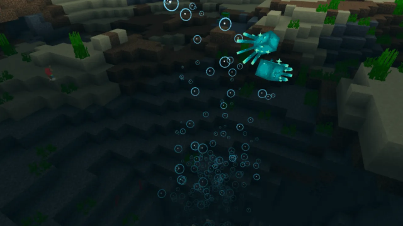 Clear Water Texture Pack addon: Underwater scene with glowing jellyfish and bubbles