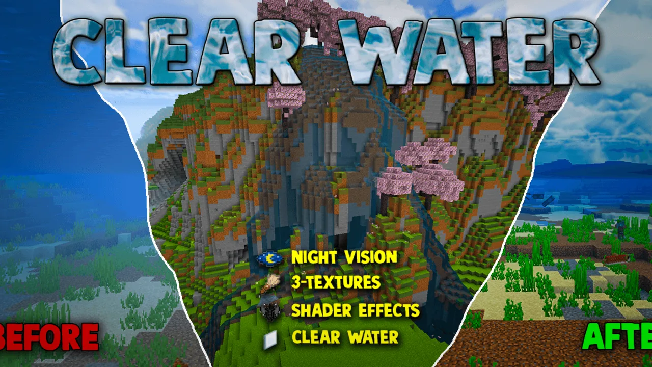 Clear Water Texture Pack addon for Minecraft PE: Water with clear view underwater