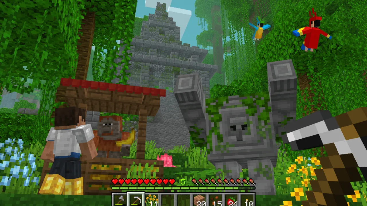 Core Craft addon: Player near jungle ruins with glowing flowers
