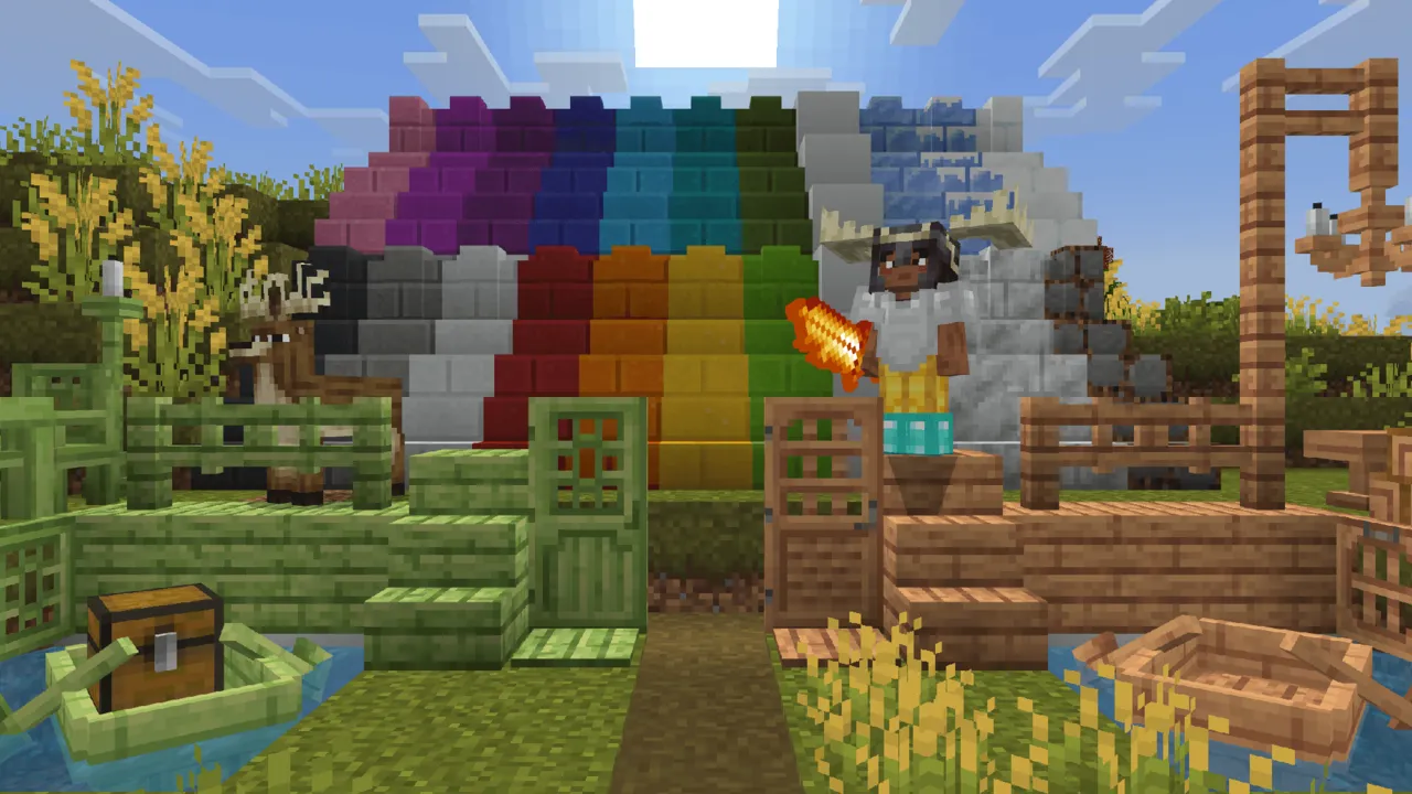 Core Craft addon: Rainbow wall with player holding torch