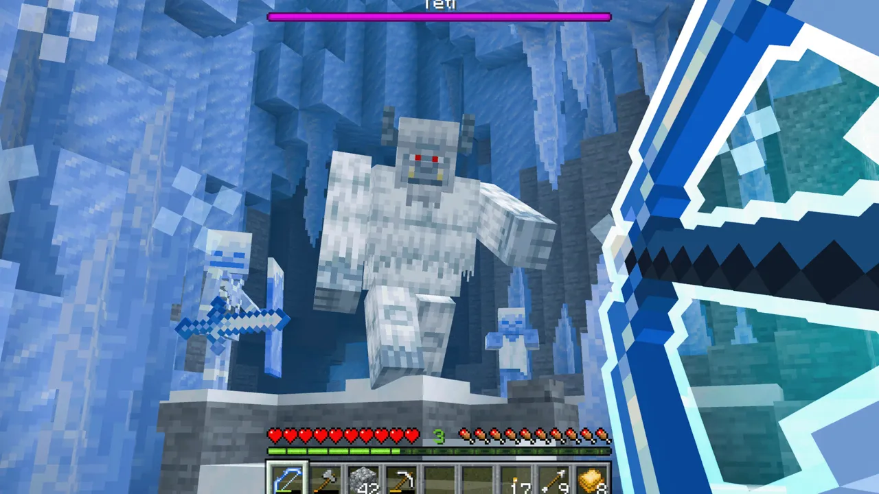 Core Craft addon: Yeti in icy cave with player holding sword