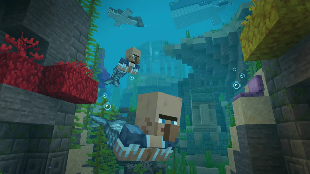 Core Craft addon: Player swimming underwater with fish