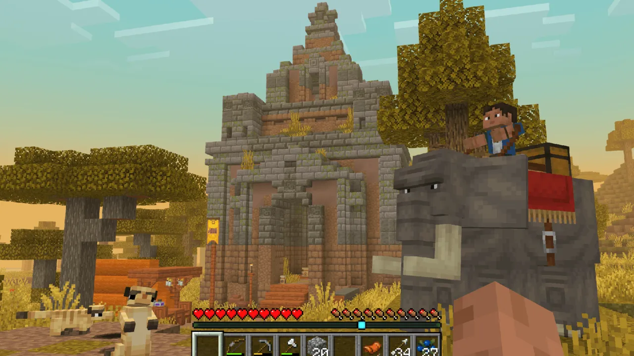 Core Craft addon: Player riding elephant near stone temple