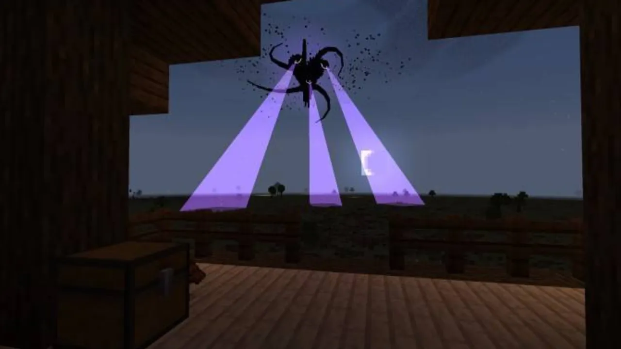 Cracker's Wither Storm Bedrock Port addon: Wither Storm boss with purple beams
