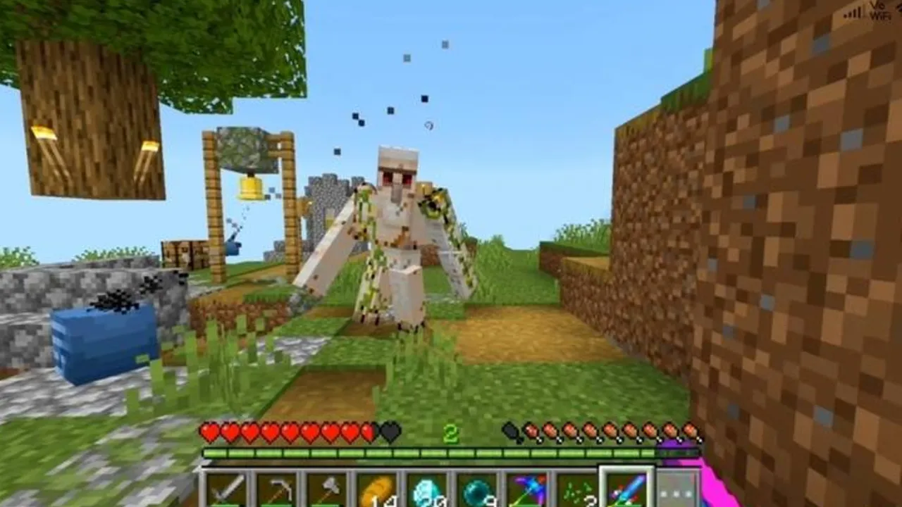 Craftable Super OP Tools addon: Player fighting a zombie with a sword