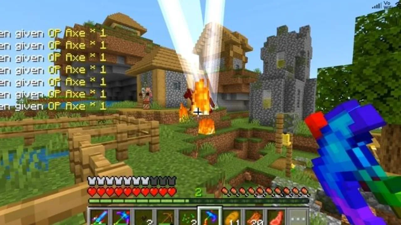 Craftable Super OP Tools addon: Player holding axe with lightning striking