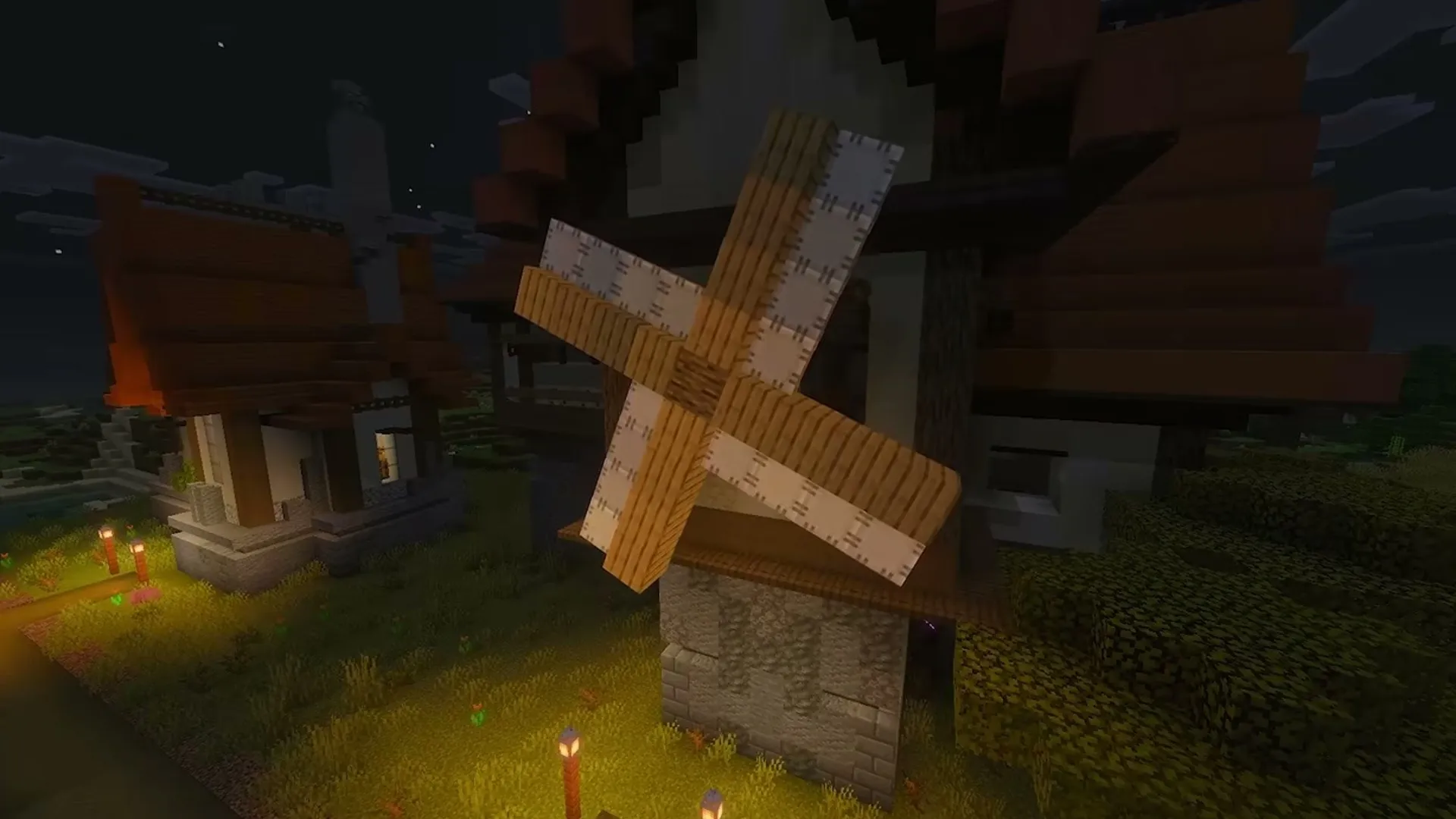 Create Bedrock addon for Minecraft PE: Windmill at night with lit candles