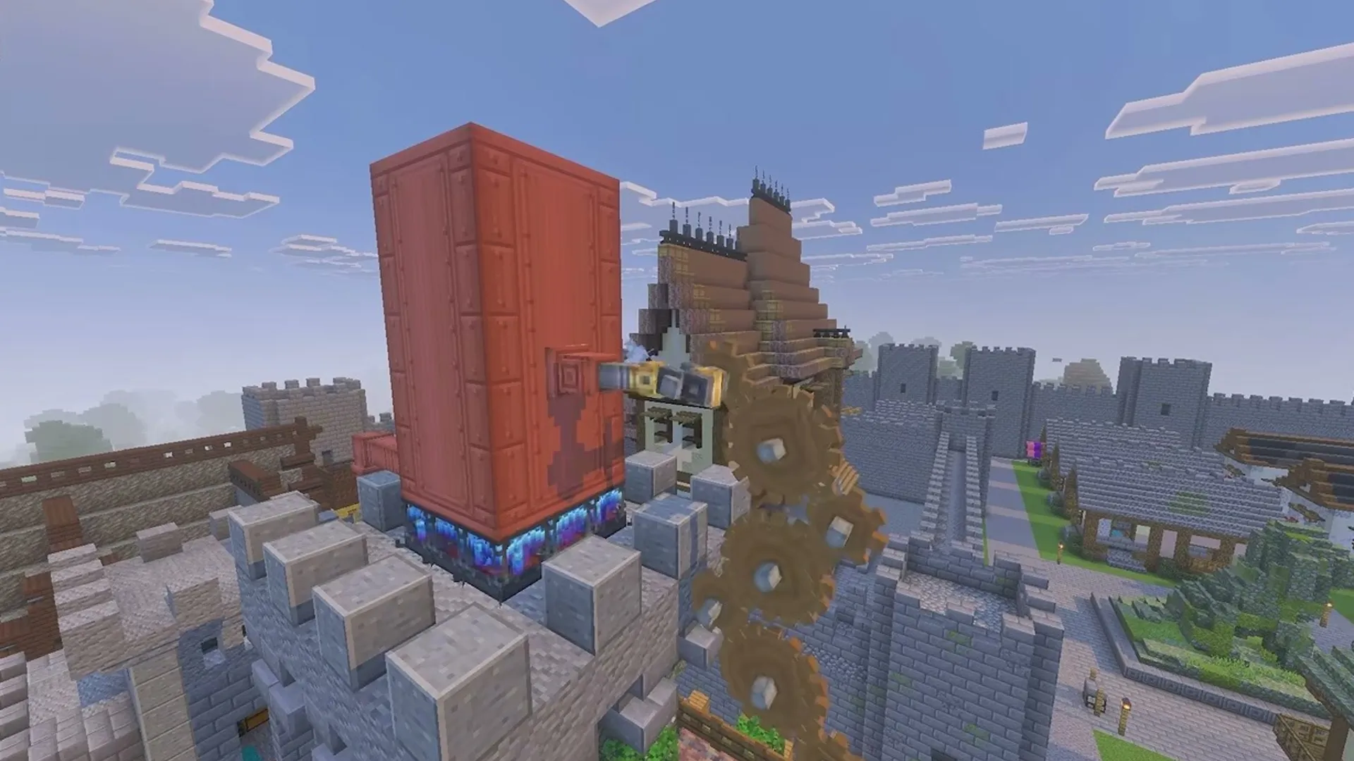 Create Bedrock addon: Red machine with gears above castle