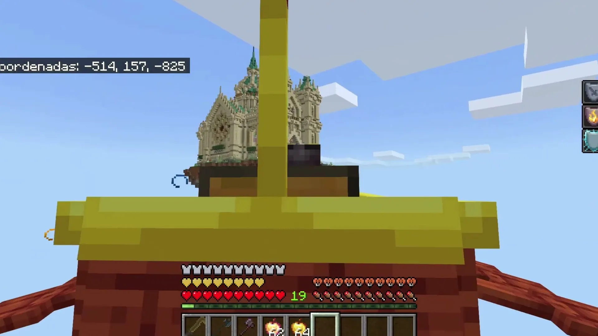 DarkAge Bizarre addon: Player holding golden sword with castle in background