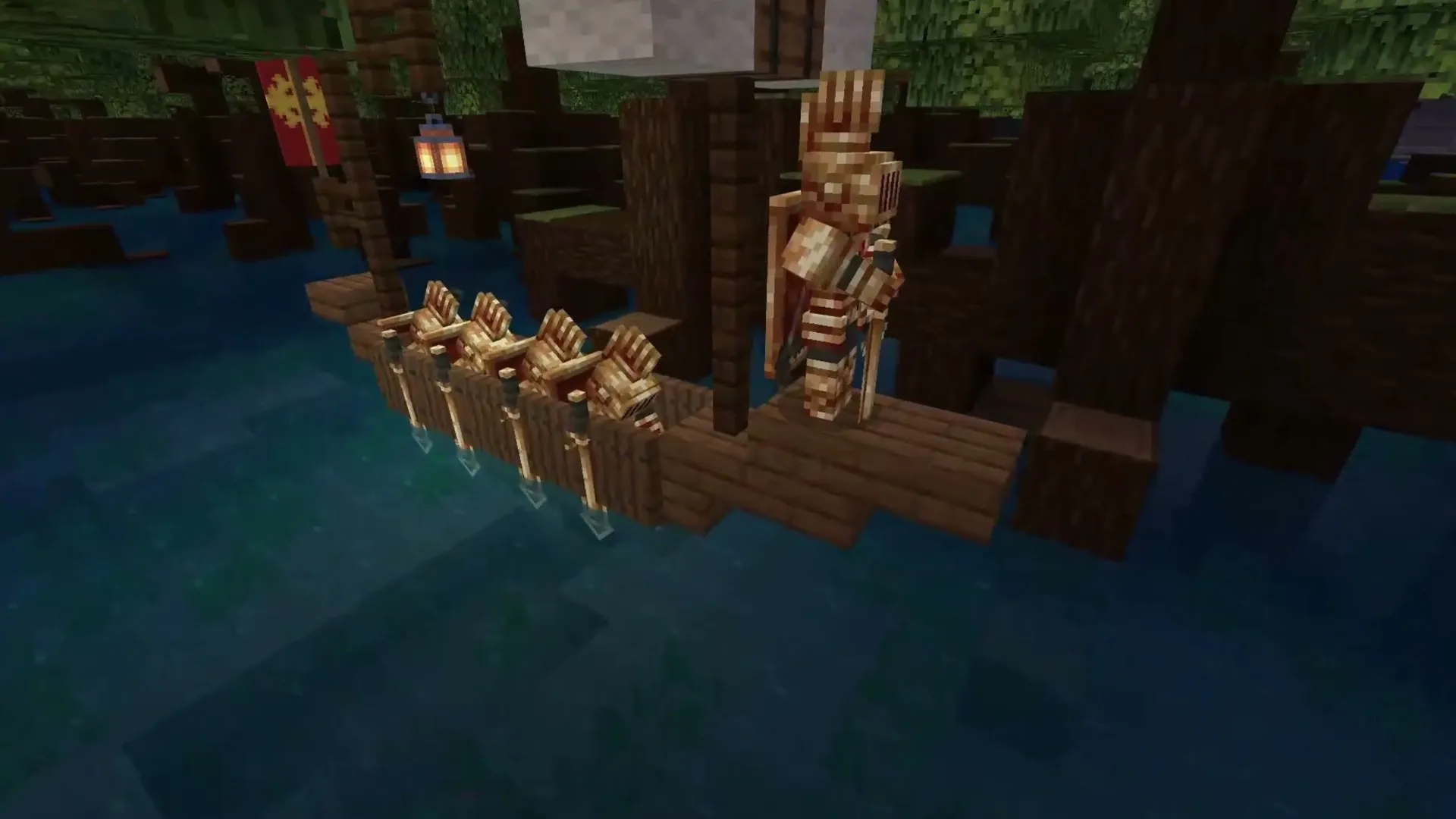 DarkAge Bizarre addon: Knight in armor standing on wooden boat
