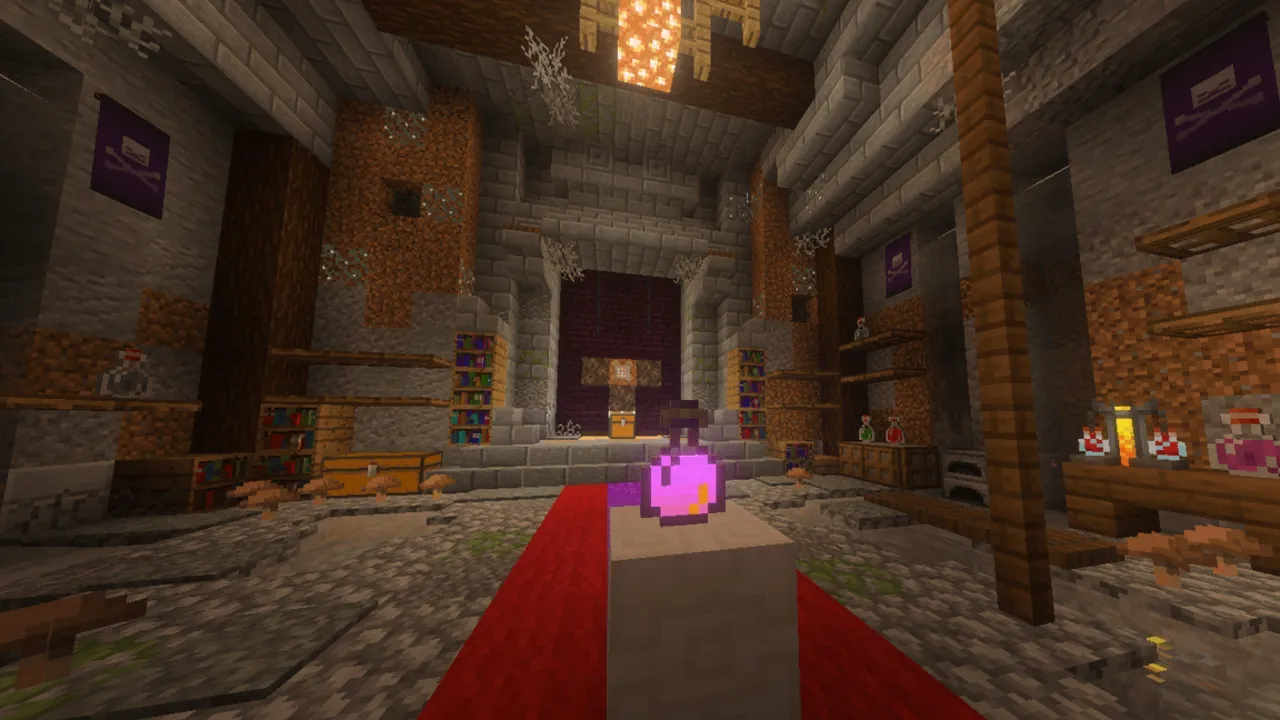 Decayed Reality addon: Red carpet in stone room with banners