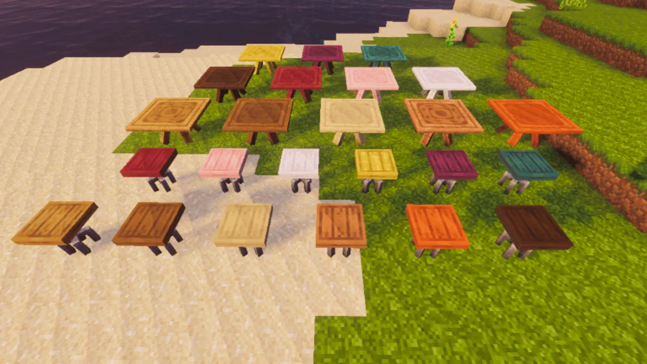 DecoDrop Furniture Add-On: Colorful tables and chairs on grass and sand