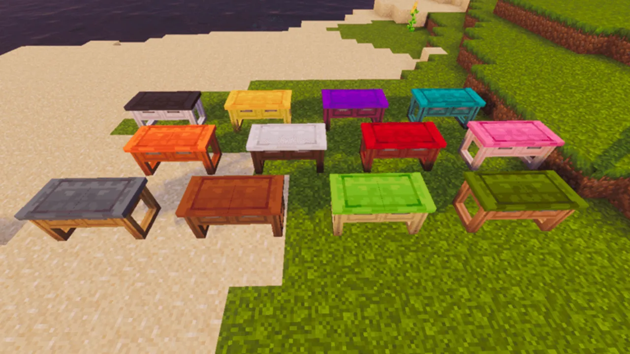 DecoDrop Furniture Add-On: Colorful tables on grass and sand