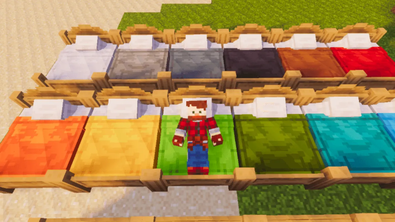 DecoDrop Furniture Add-On: Player standing on colorful beds