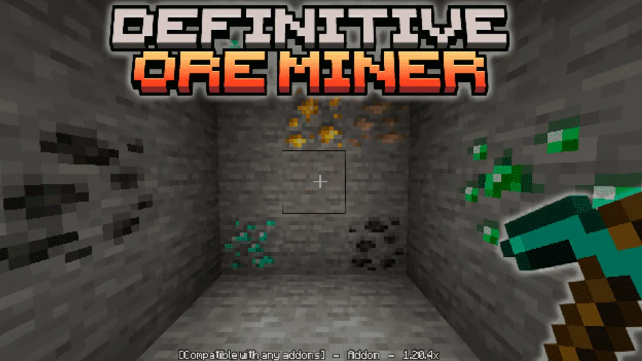 Definitive Ore Miner addon: Player mining glowing ores in a stone tunnel