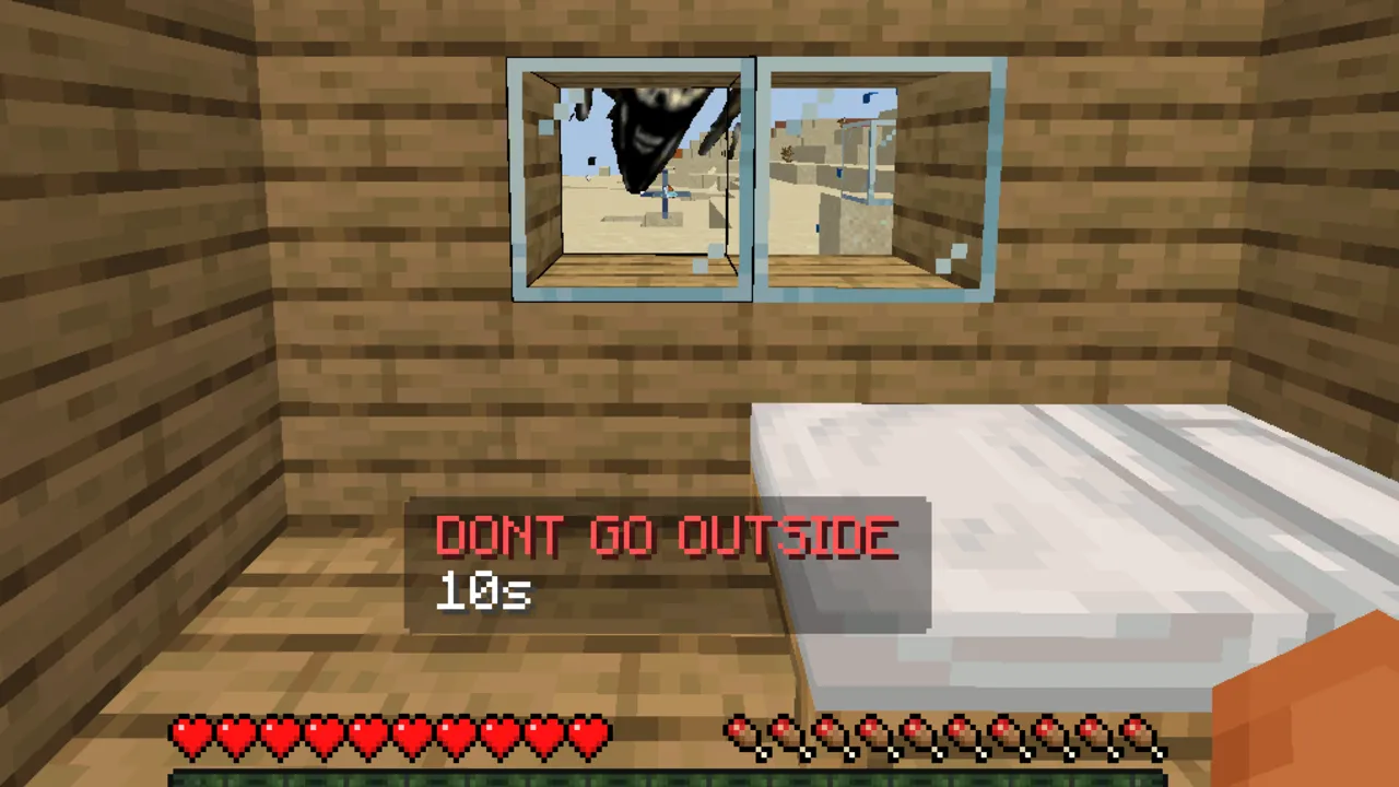 DontCry addon for Minecraft PE: Bedroom with warning text on wall