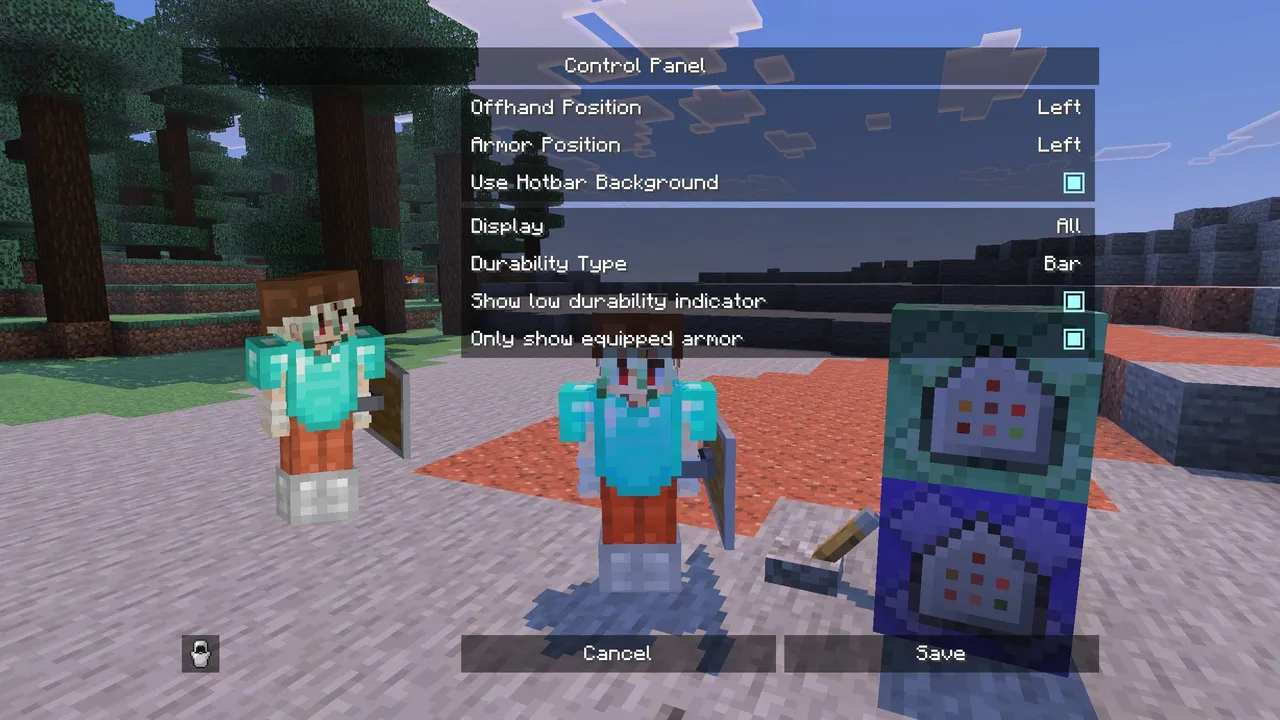 Durability Armor Viewer addon: Control panel with armor and offhand settings