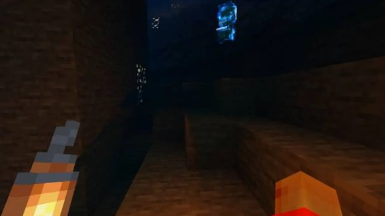 Dynamic Light addon for Minecraft PE: Player holding torch in dark cave