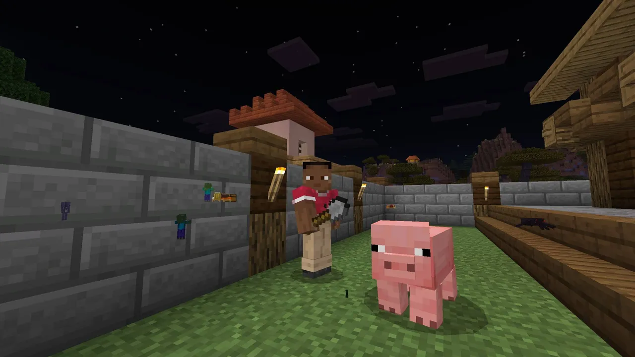 ESP Texture Pack addon: Player with pig near stone wall at night