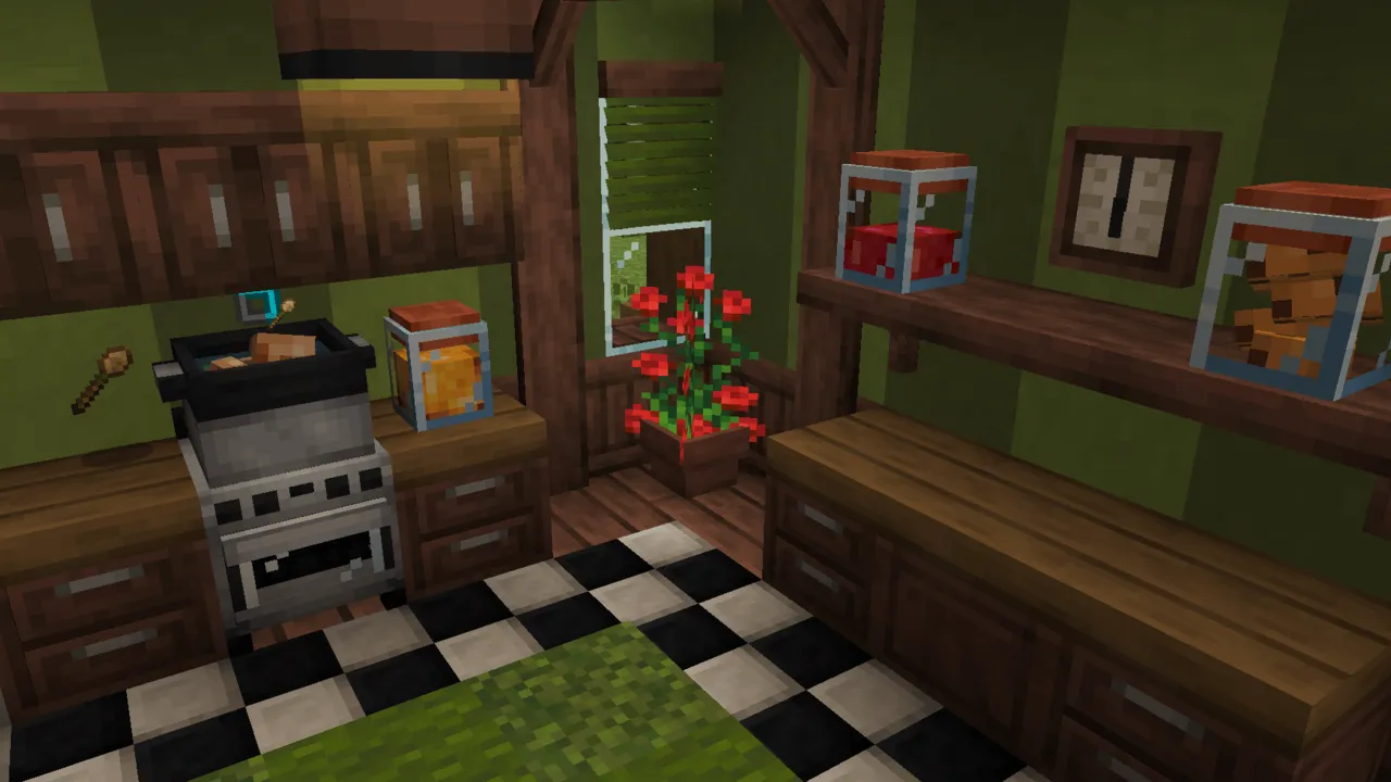 Fabulous Furniture addon: Kitchen with stove, shelves, and flowers