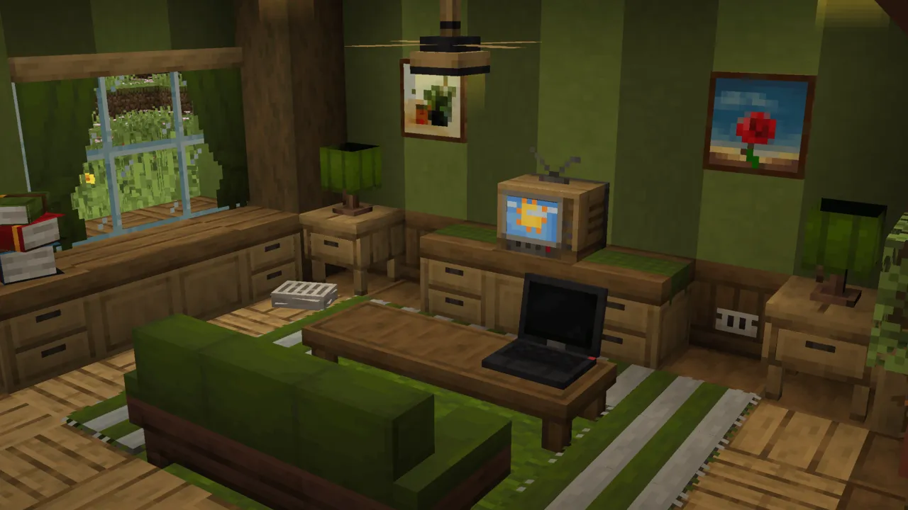 Fabulous Furniture addon: Green couch in a living room with TV and laptop