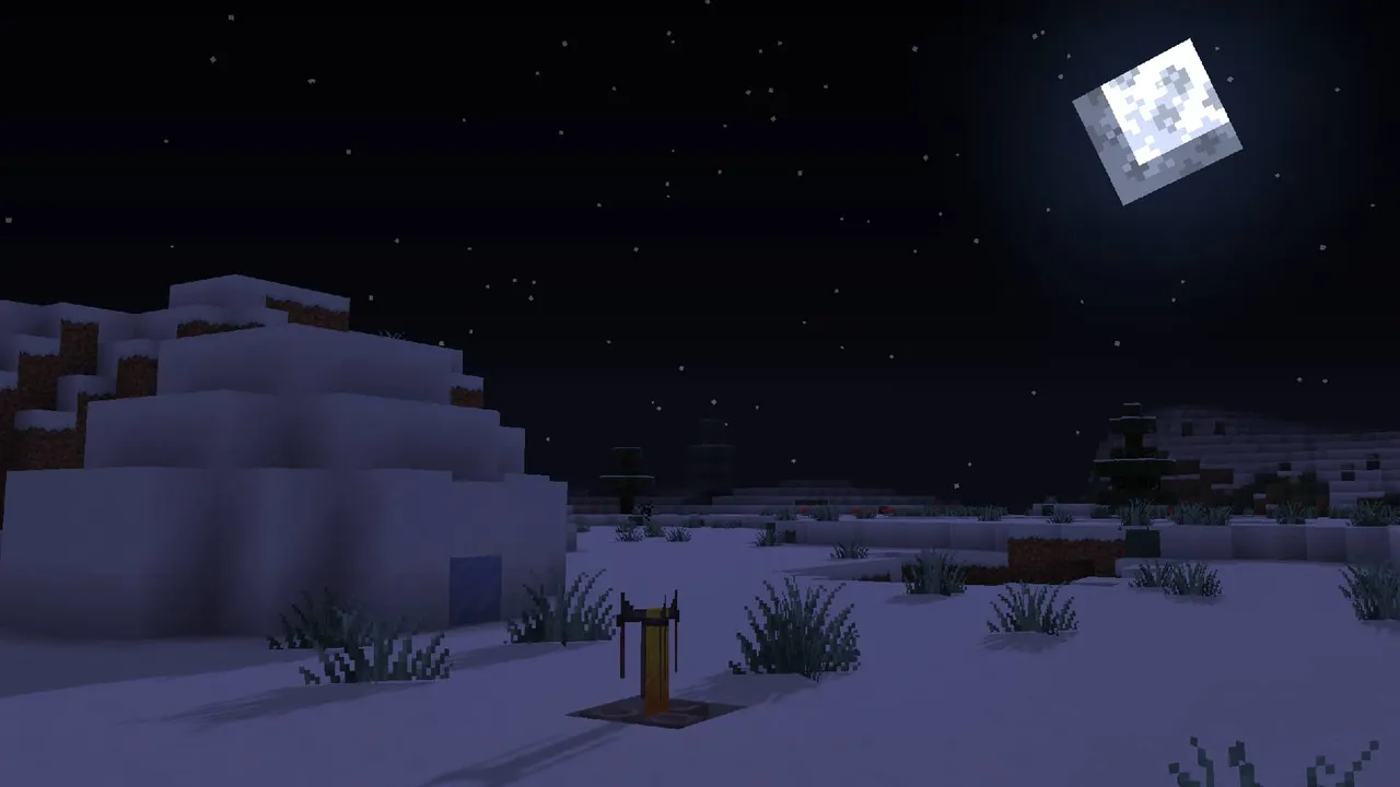 Faithful 32x addon: Night scene with snowy terrain and glowing moon
