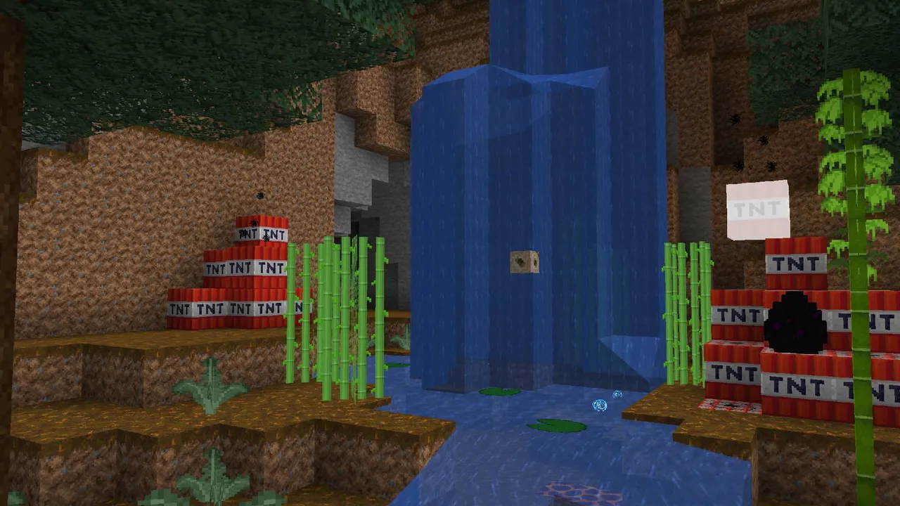 Faithful 32x addon for Minecraft PE: Waterfall with TNT and bamboo