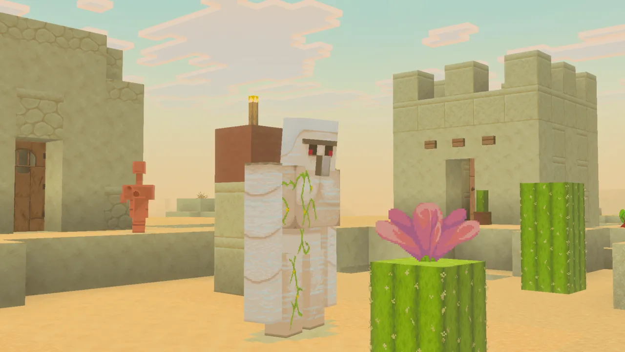 Faithful 64x addon for Minecraft PE: Desert village with cactus and flowers