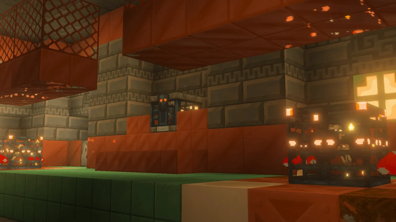 Faithful 64x addon: Red and stone building with glowing lights