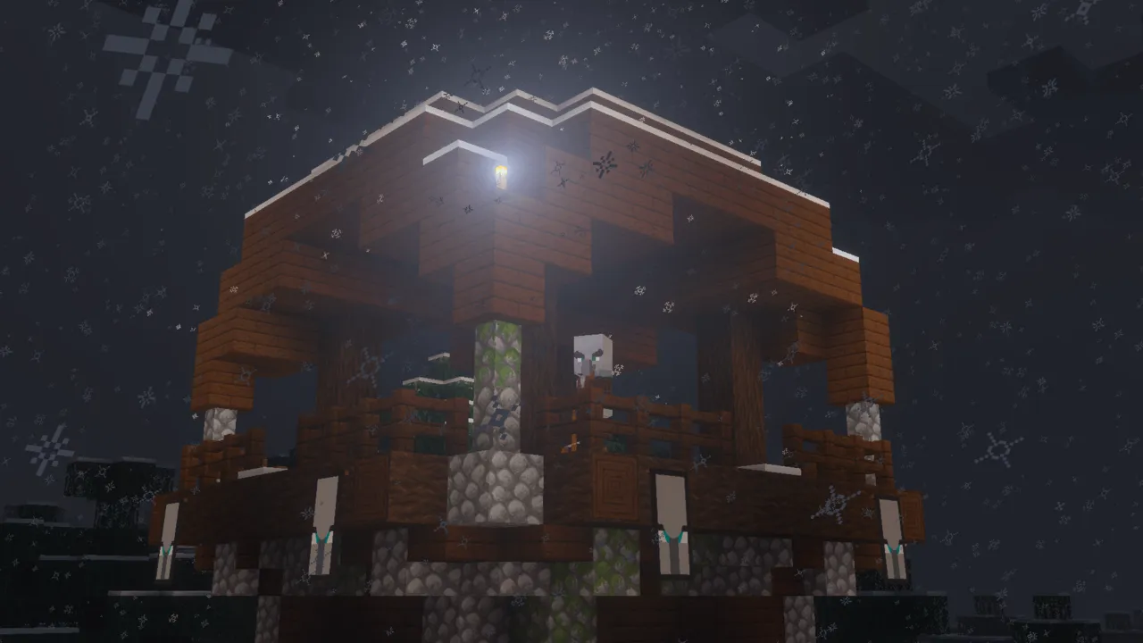 Faithful 64x addon: Wooden house with snow falling at night
