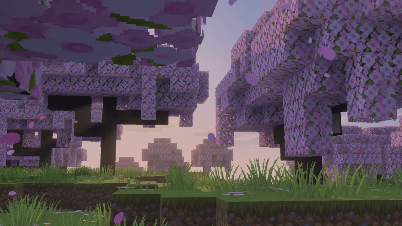 Faithful 64x addon: Purple flowering trees in a grassy field