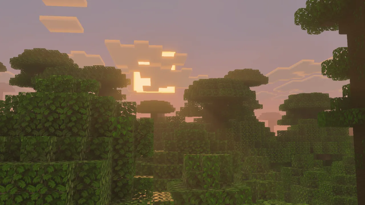 Faithful 64x addon: Sunset over jungle with moving water caustics
