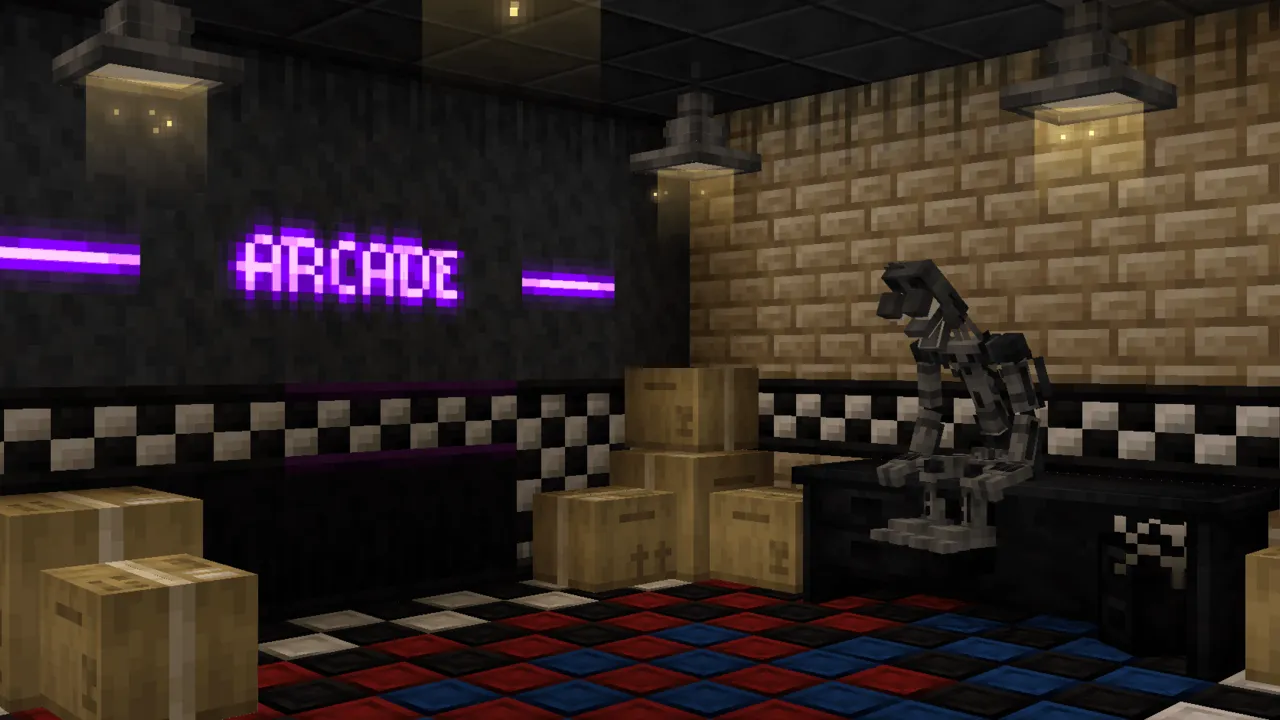 FNaF Build & Decor addon: Arcade room with neon sign and robot