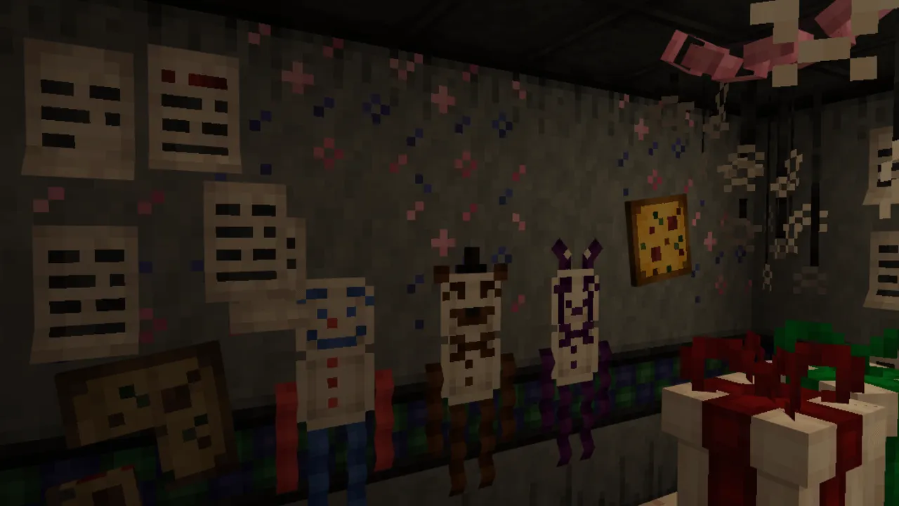 FNaF Build & Decor addon: Freddy, Bonnie, Chica in a room with gifts and posters