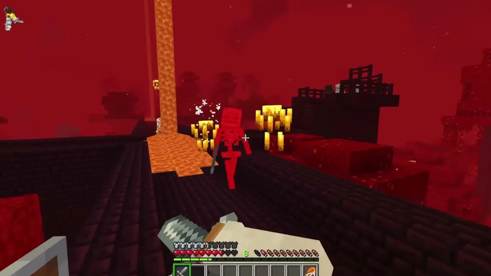 Gold & Poison + Allies addon: Player holding sword facing skeleton in red nether