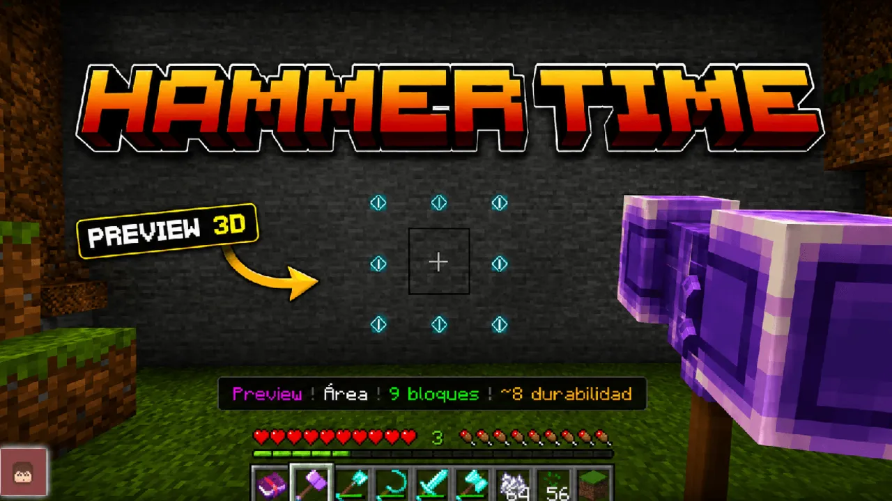 Hammer Time addon for Minecraft PE: Three hammer modes: area, tunnel and vein