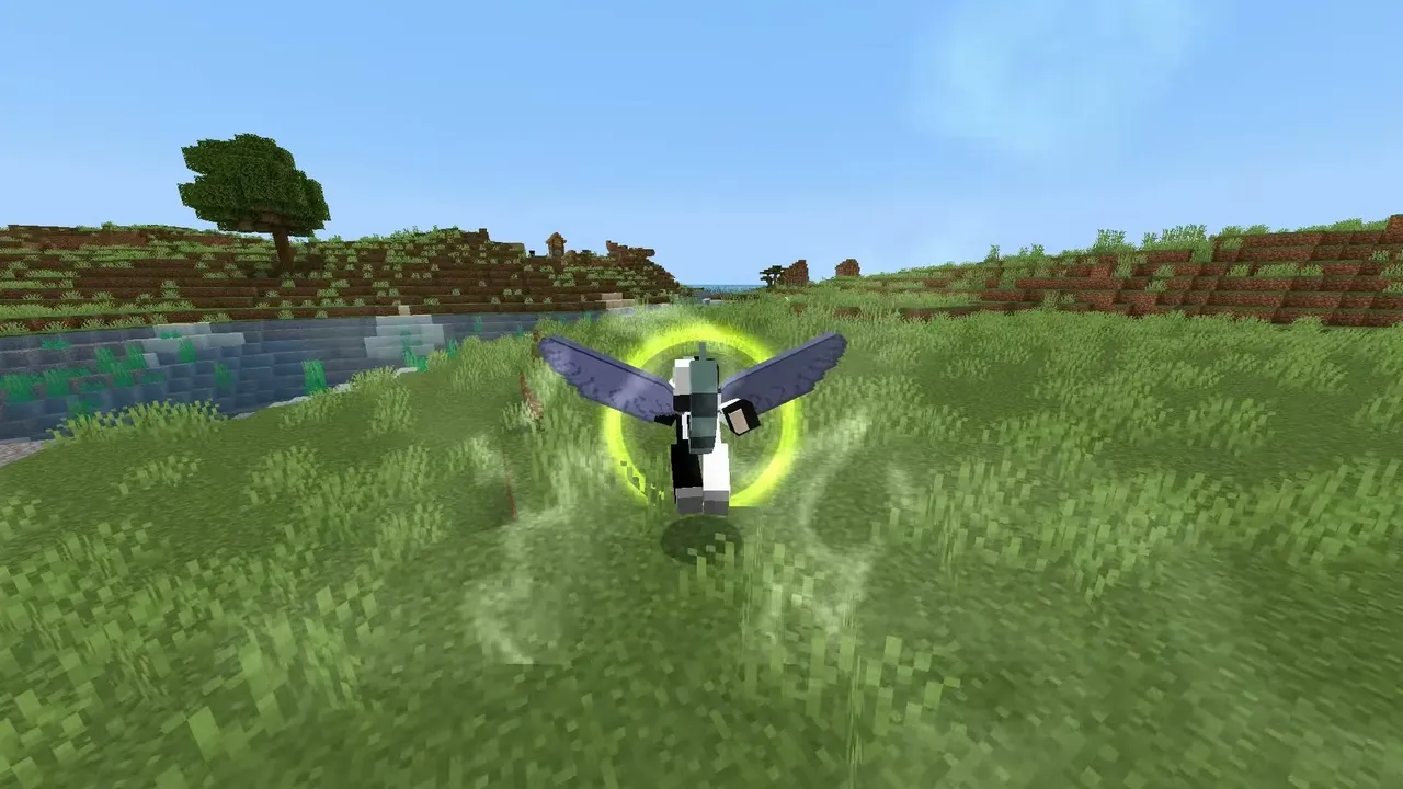 Hunter X Craft Addon for Minecraft PE: Player with glowing wings in grassy field
