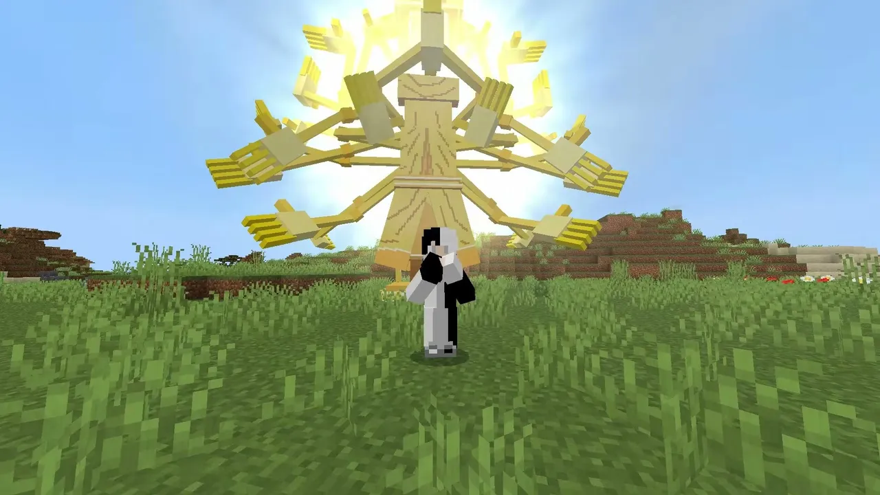 Hunter X Craft Addon: Player stands before glowing golden statue