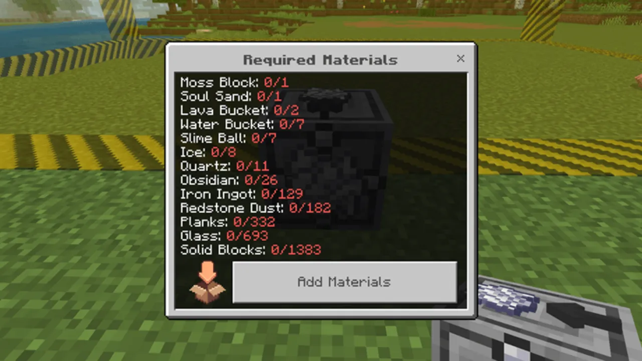 Insta Farm Addon: Required materials window for building