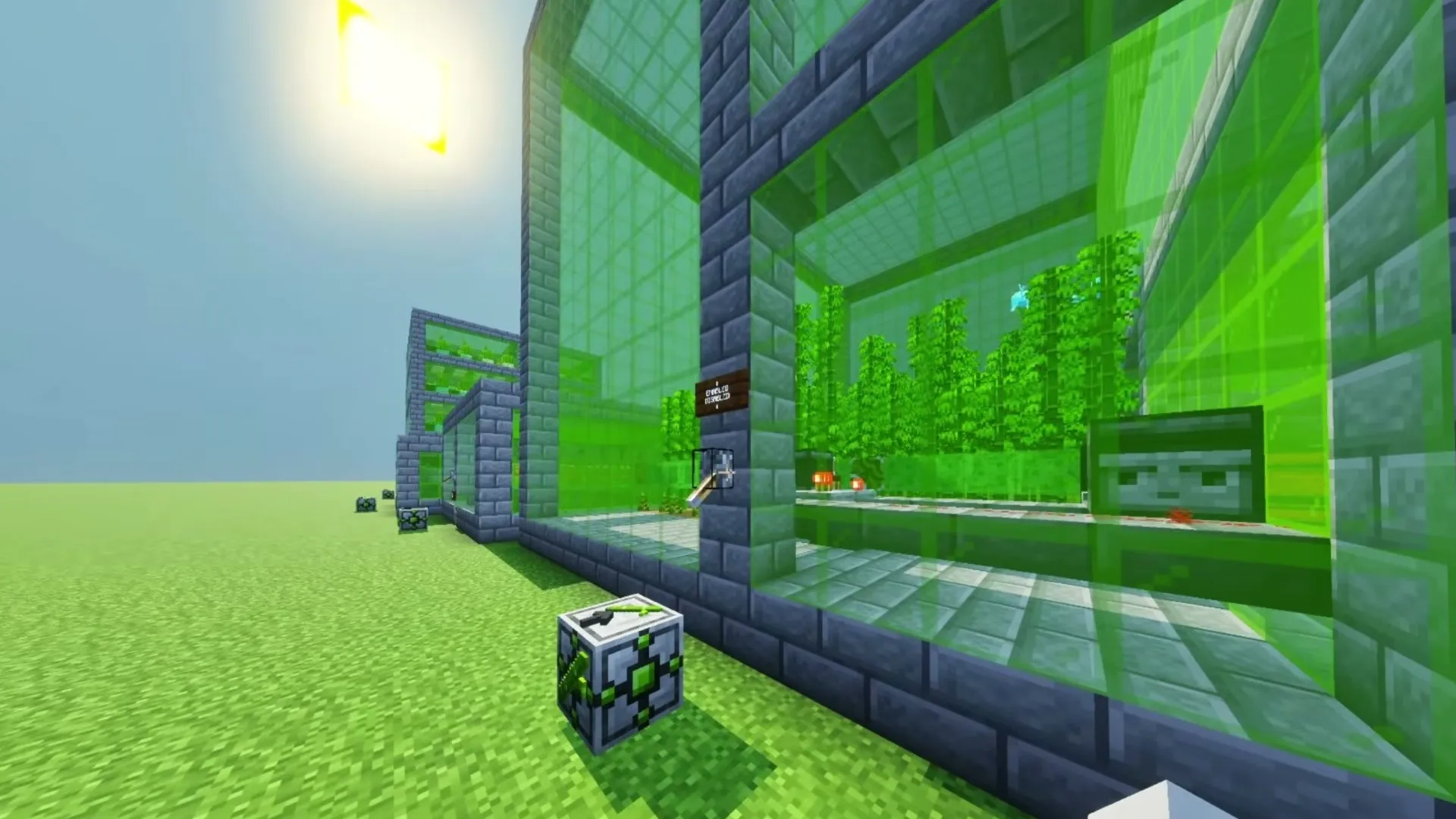 Insta Farms addon: Green glass building with crops inside