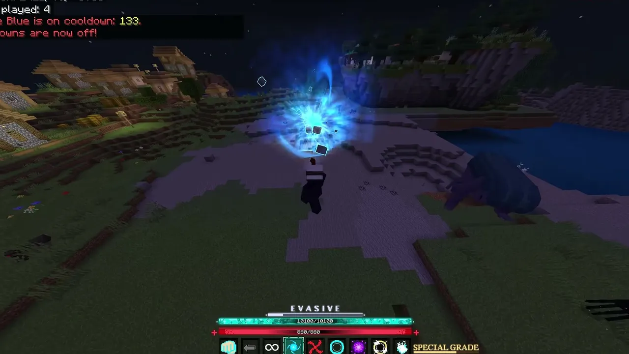 Jujutsu Awakening Lock-On Addon for Minecraft PE: Player casting blue spell on ground