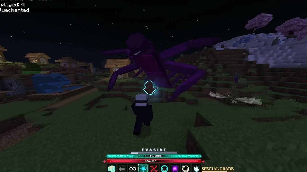 Jujutsu Awakening Lock-On Addon: Player facing giant purple spider at night